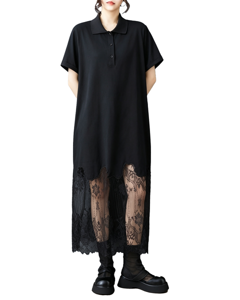 ellazhu Women's Lace Hem Polo Shirt Dress Oversized Cotton Midi GZ994