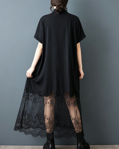 ellazhu Women's Lace Hem Polo Shirt Dress Oversized Cotton Midi GZ994