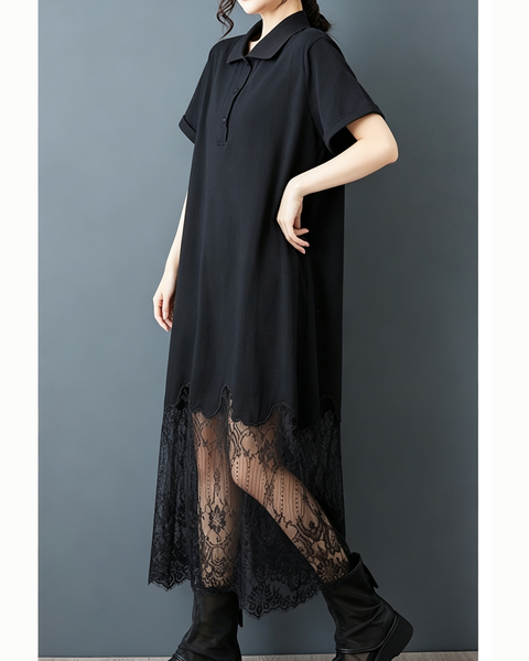 ellazhu Women's Lace Hem Polo Shirt Dress Oversized Cotton Midi GZ994