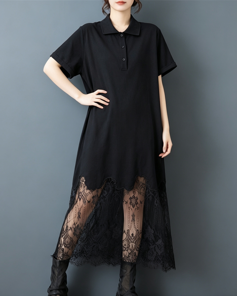 ellazhu Women's Lace Hem Polo Shirt Dress Oversized Cotton Midi GZ994
