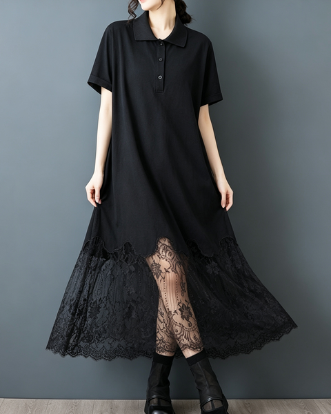 ellazhu Women's Lace Hem Polo Shirt Dress Oversized Cotton Midi GZ994