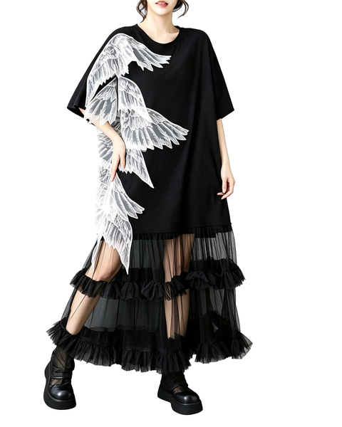 ellazhu Women's Wing Applique Tulle Dress Oversized Ruffle Maxi GZ995