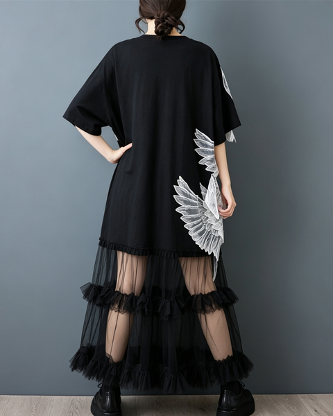 ellazhu Women's Wing Applique Tulle Dress Oversized Ruffle Maxi GZ995