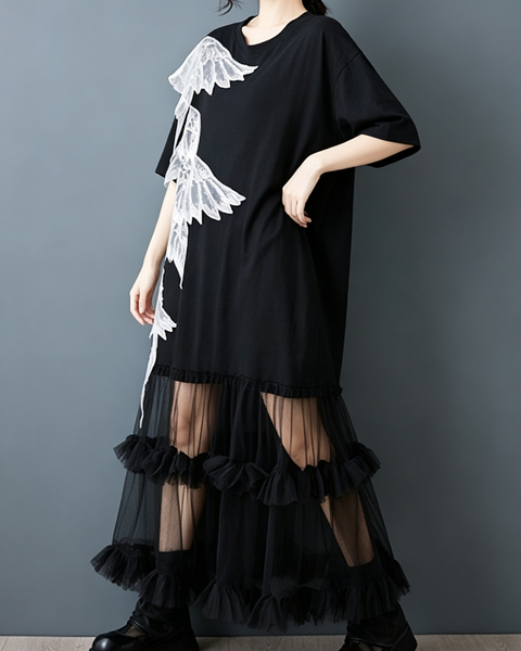ellazhu Women's Wing Applique Tulle Dress Oversized Ruffle Maxi GZ995