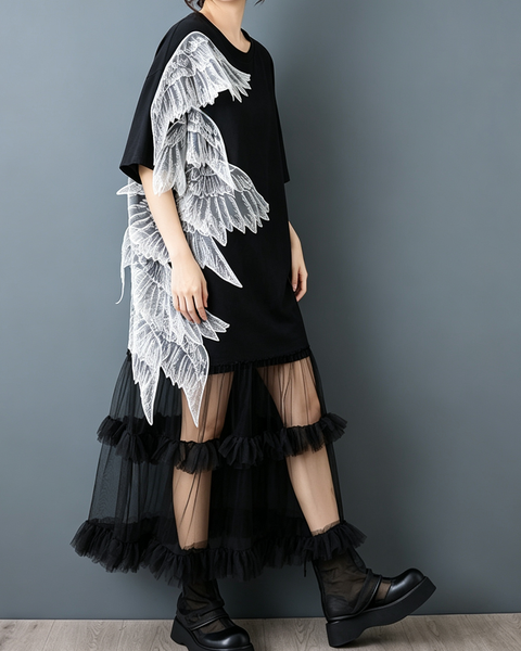 ellazhu Women's Wing Applique Tulle Dress Oversized Ruffle Maxi GZ995