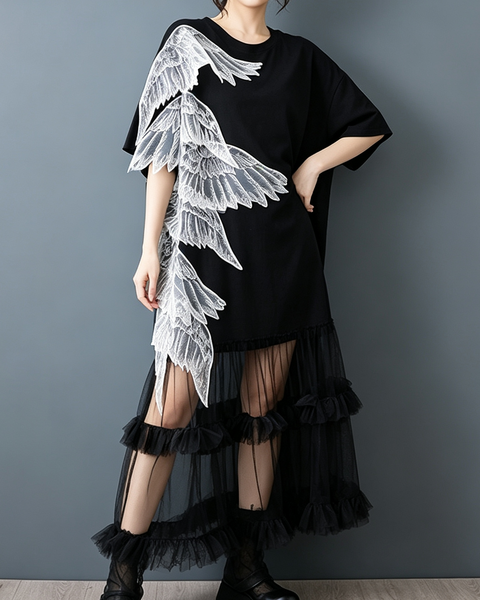 ellazhu Women's Wing Applique Tulle Dress Oversized Ruffle Maxi GZ995