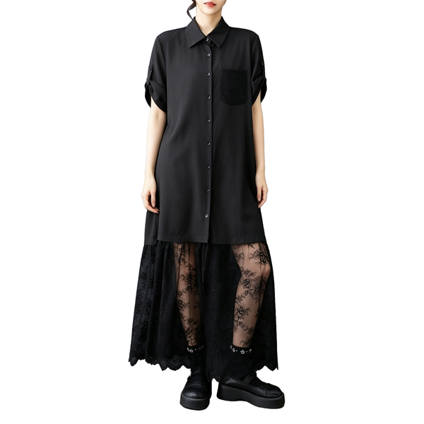 ellazhu Women's Lace Hem Shirt Dress Oversized Button Down Maxi GZ996