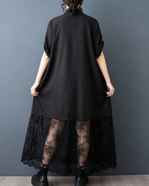 ellazhu Women's Lace Hem Shirt Dress Oversized Button Down Maxi GZ996