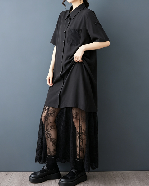 ellazhu Women's Lace Hem Shirt Dress Oversized Button Down Maxi GZ996