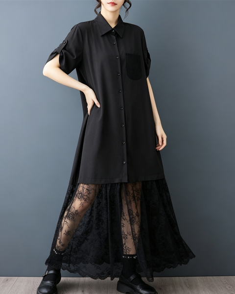 ellazhu Women's Lace Hem Shirt Dress Oversized Button Down Maxi GZ996