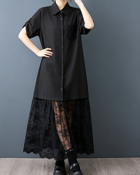 ellazhu Women's Lace Hem Shirt Dress Oversized Button Down Maxi GZ996