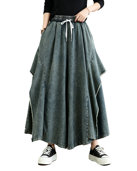 ellazhu Women's Vintage Denim Drawstring A Line Maxi Skirt Raw Hem GZ999