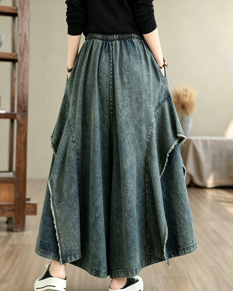 ellazhu Women's Vintage Denim Drawstring A Line Maxi Skirt Raw Hem GZ999