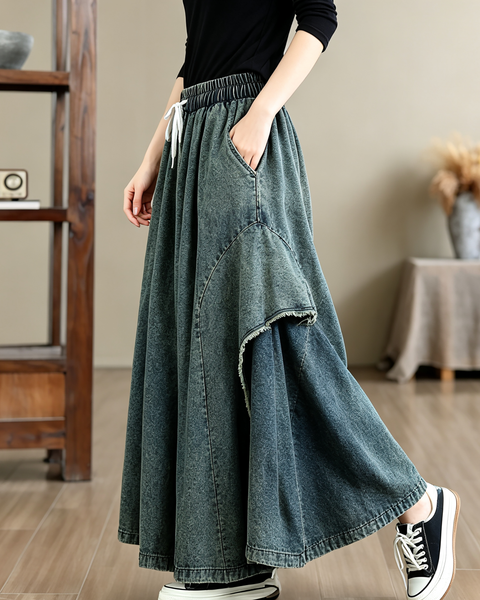 ellazhu Women's Vintage Denim Drawstring A Line Maxi Skirt Raw Hem GZ999