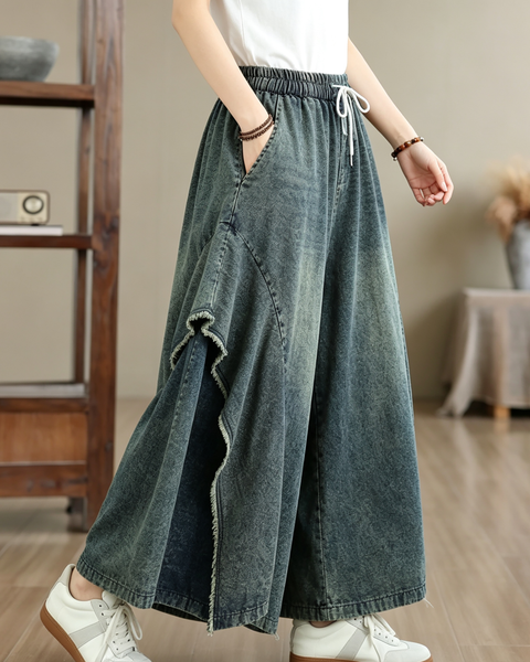 ellazhu Women's Vintage Denim Drawstring A Line Maxi Skirt Raw Hem GZ999