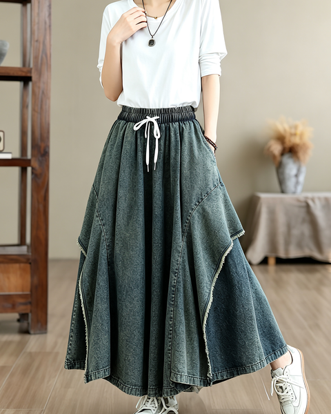 ellazhu Women's Vintage Denim Drawstring A Line Maxi Skirt Raw Hem GZ999