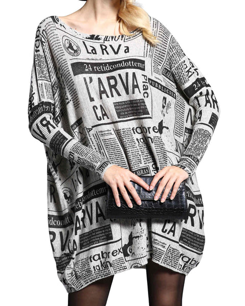 ❤ellazhu Women Long Sleeve Newspaper Painting Sweater Sweatshirts DH40
