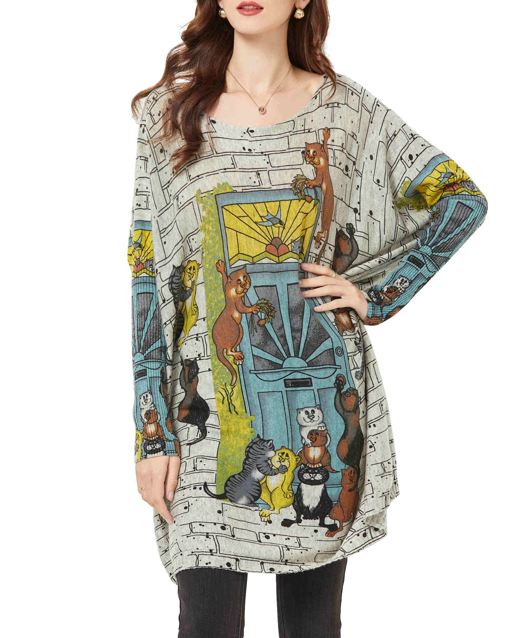 ellazhu Women Long Sleeve Cat Crewneck Pullover Oversized Sweater Sweatshirts DH42