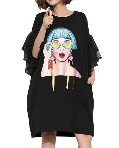 ellazhu Women's Face Print Black T-Shirt Dresses GA1360