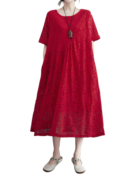 ellazhu Women Short Sleeves Crewneck Lace Dresses GA2330