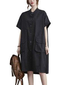 ellazhu Women Loose Midi Solid Short Sleeves Shirt Dress GA2401