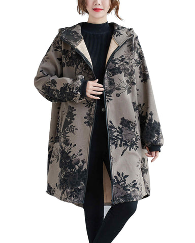 ellazhu Women Zip-up Floral Patterned Hoodie Pocket Jacket Coat Outwear GA2445