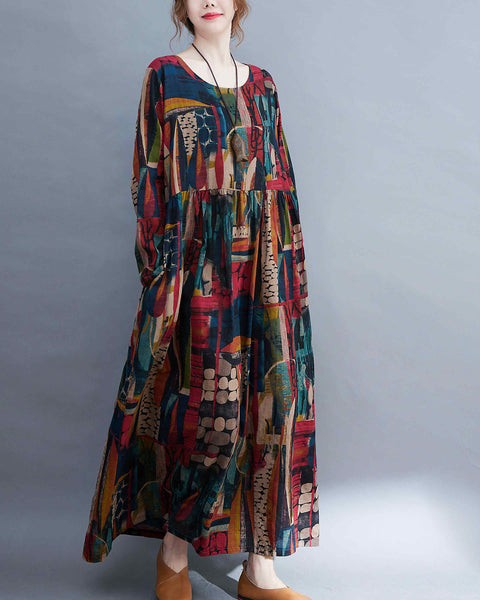 ellazhu Women Long Sleeve Crewneck Floral Print Boho Vintage Dress GA2452