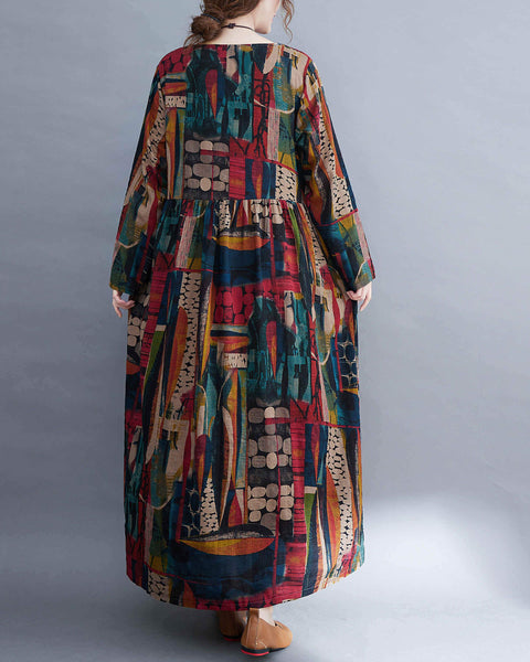ellazhu Women Long Sleeve Crewneck Floral Print Boho Vintage Dress GA2452