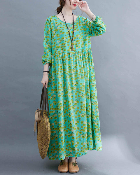 ellazhu Women Long Sleeve Crewneck Floral Print Boho Vintage Dress GA2452A