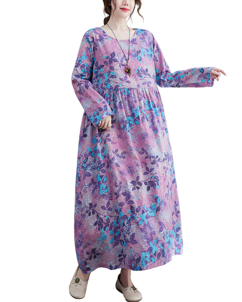 ellazhu Women Long Sleeve Crewneck Floral Print Boho Vintage Dress GA2452A