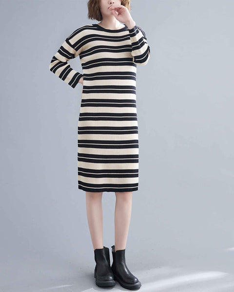 ellazhu Women Tunic Long Sleeve Crewneck Stripe Midi Sweatshirt Dress GA2456