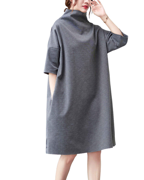 ellazhu Women Casual Turtleneck Solid Midi Sweatshirt Dress GA2470