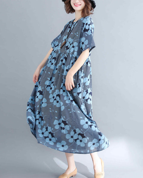 ellazhu Women Short Sleeve Floral Print Boho Vintage Dress GA2483