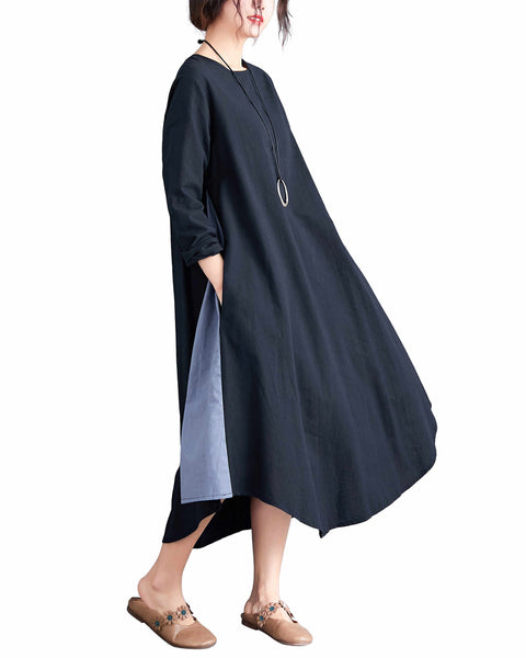 ellazhu Women Casual Loose Midi Calf Length Long Sleeve Crewneck Dress GA2517
