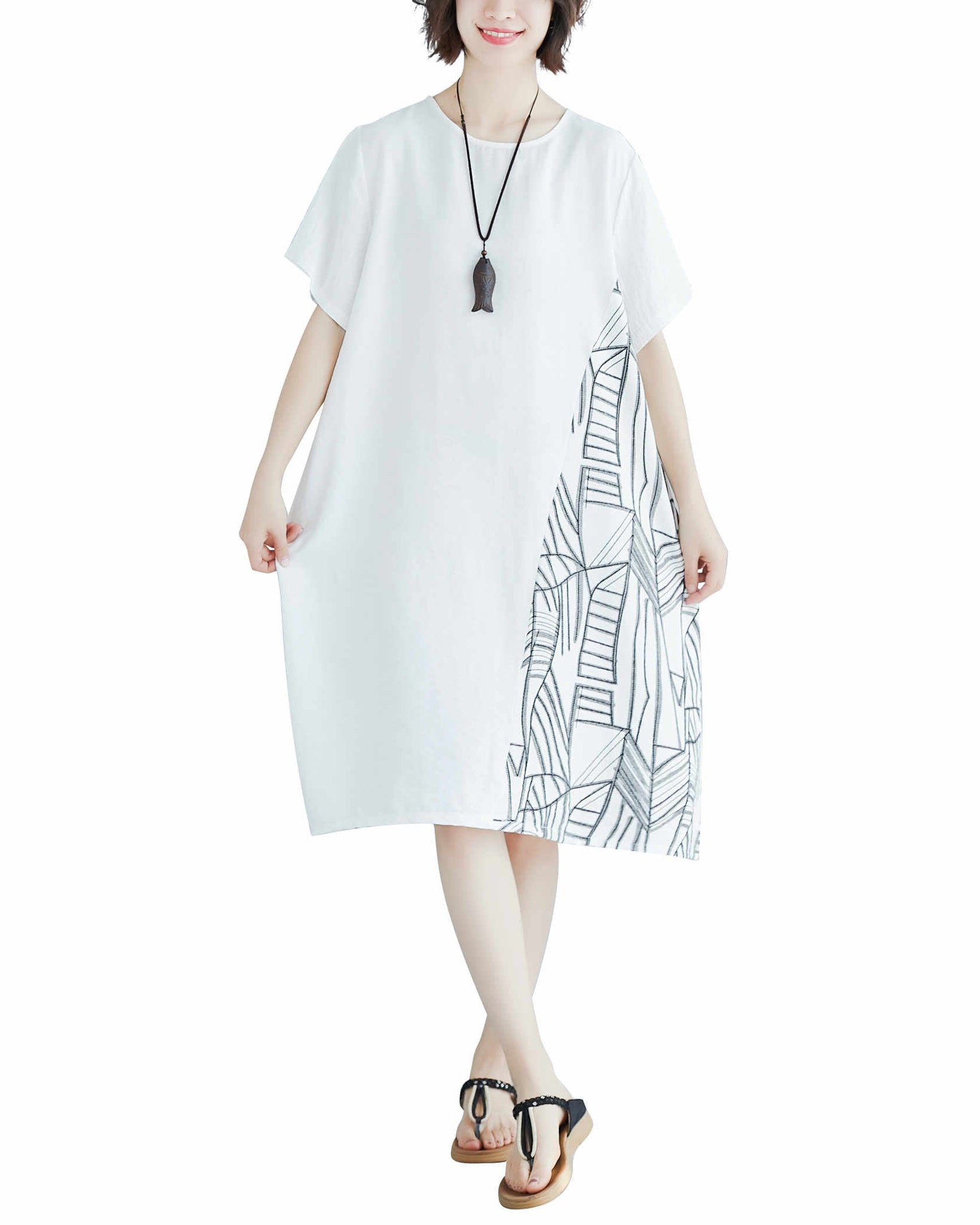 ellazhu Women Casual Loose Midi Knee Length Short Sleeve Crewneck Dress GA2519