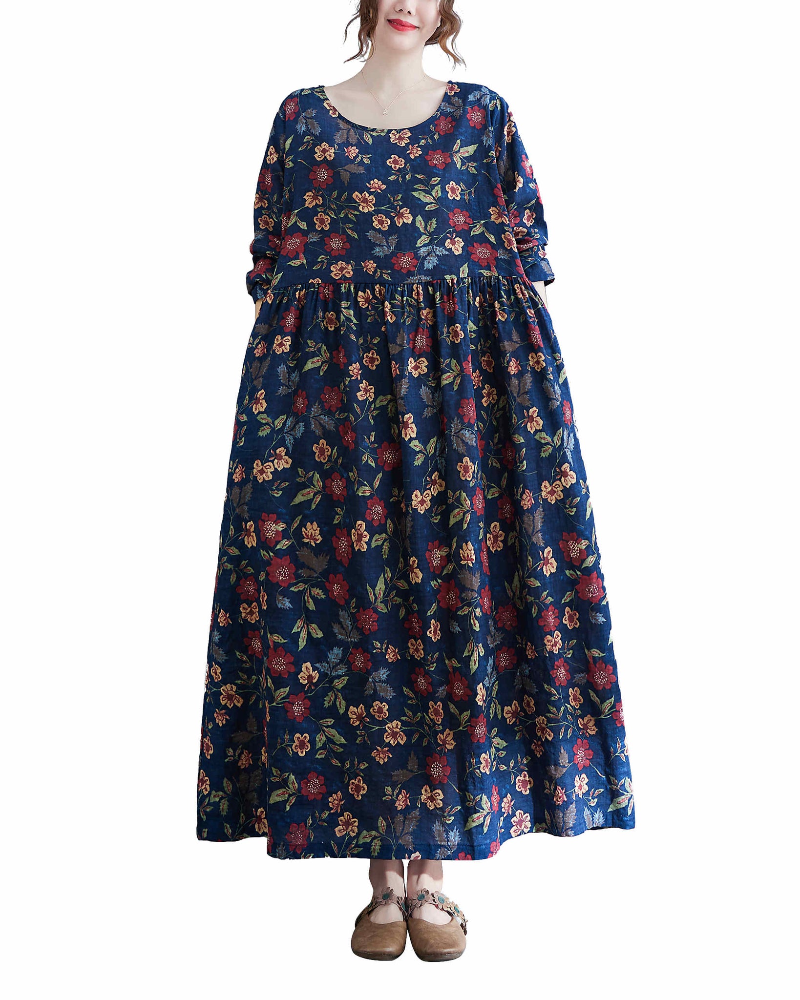 ellazhu Women Long Sleeve Crewneck Floral Print Boho Dress GA2524