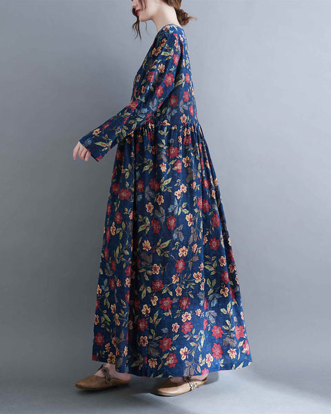 ellazhu Women Long Sleeve Crewneck Floral Print Boho Dress GA2524