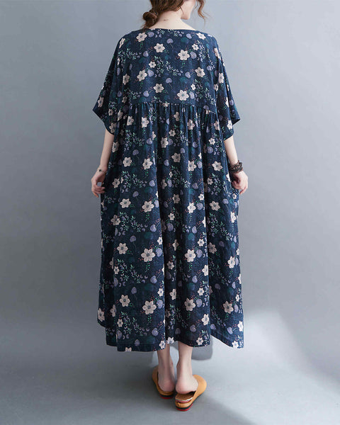 ellazhu Women Casual Loose Midi Florals Print Short Sleeve Crewneck Dress GA2526