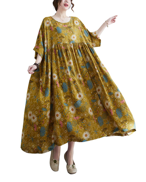 ellazhu Women Casual Loose Midi Florals Print Short Sleeve Crewneck Dress GA2526