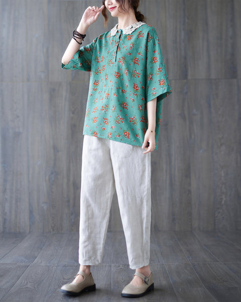 ellazhu Women Short Sleeves Tops Floral Print T-Shirt Blouse GA2564