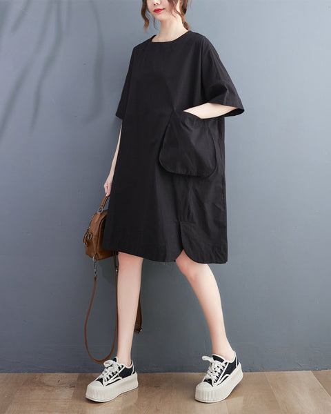 ellazhu Women Solid Color Short Sleeve Crewneck Dress with Pocket GA2571