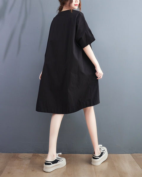 ellazhu Women Solid Color Short Sleeve Crewneck Dress with Pocket GA2571