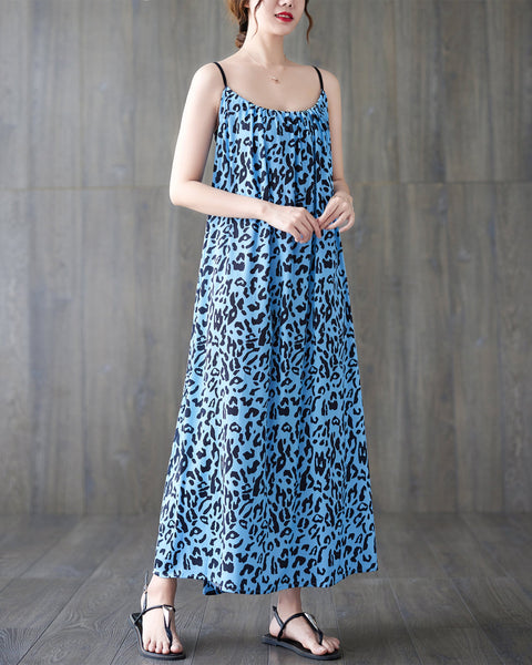 ellazhu Women Sleeveless Maxi Length Patterns Leopard Print Casual Tank Dress GA2580 Blue