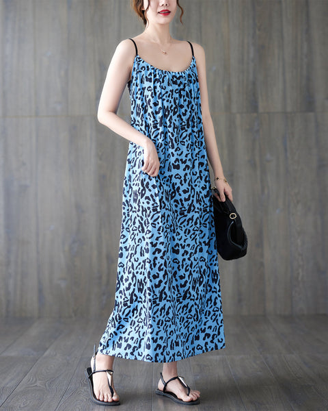 ellazhu Women Sleeveless Maxi Length Patterns Leopard Print Casual Tank Dress GA2580 Blue