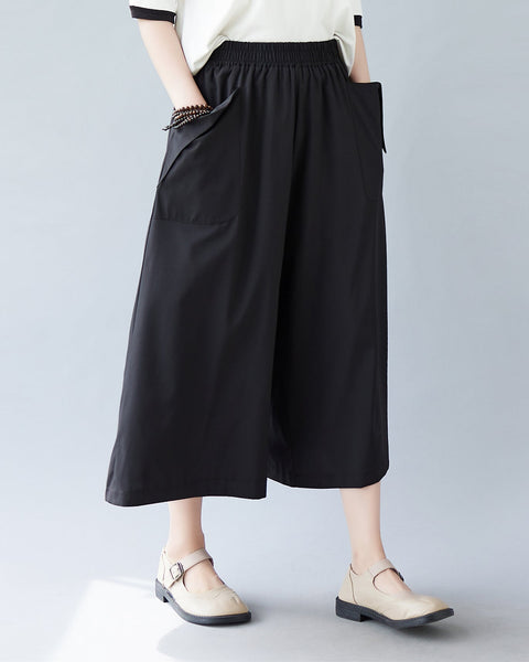 ellazhu Women Pockets Black Wide Leg Capri Summer Pants Culottes Skirts GA2587
