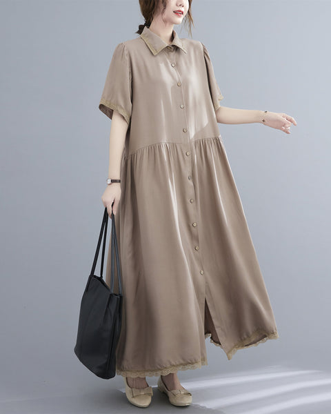 ellazhu Womens Loose Casual Lapel Short Sleeve Lace Midi Summer Dress GA2606