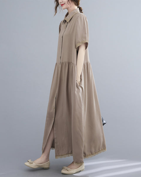 ellazhu Womens Loose Casual Lapel Short Sleeve Lace Midi Summer Dress GA2606