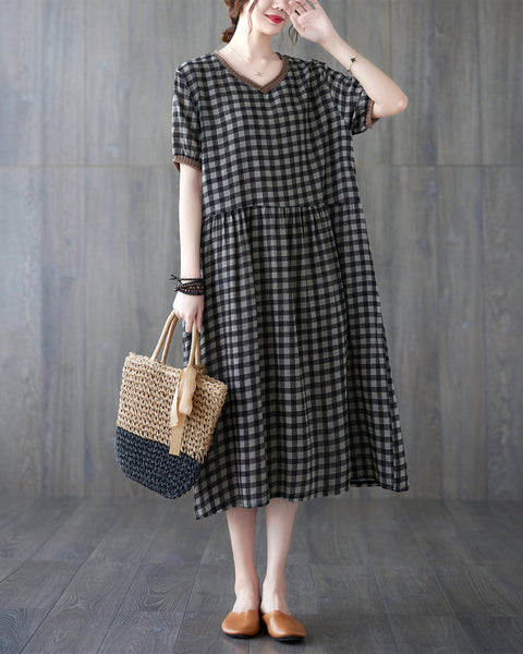 ellazhu Womens Loose Casual V Neck Print Plaid Short Sleeve Midi Summer Dress GA2610