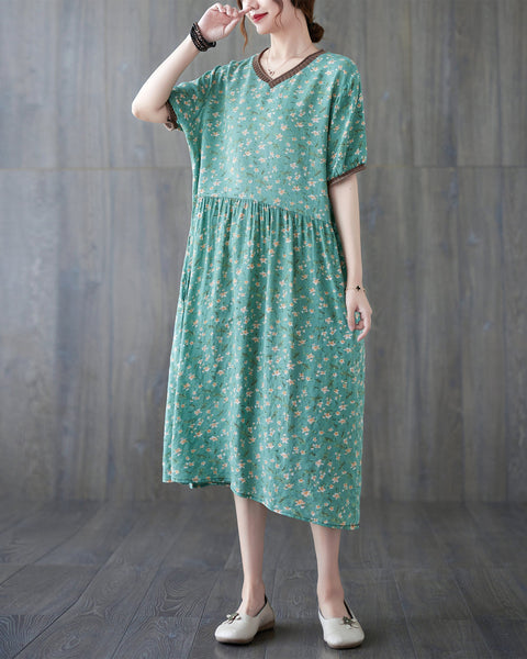 ellazhu Womens Loose Casual V Neck Print Plaid Short Sleeve Midi Summer Dress GA2610