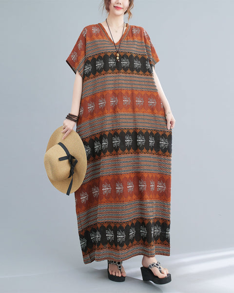 ellazhu Womens Loose Casual V Neck Print Stripe Short Sleeve Midi Summer Dress GA2613
